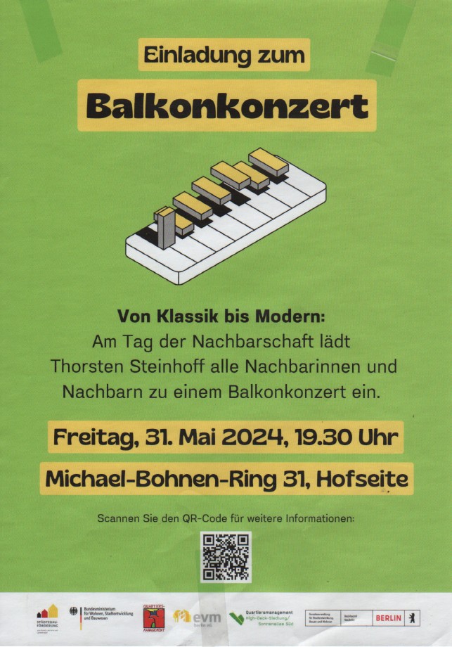 Plakat zum Mai-Balkonkonzert für die Nachbarschaft im Highdeck-Quartiert Neukölln 2024